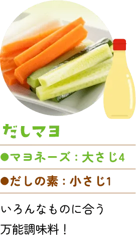 だしマヨ。マヨネーズ：大さじ4、だしの素：小さじ1。いろんなものに合う万能調味料!