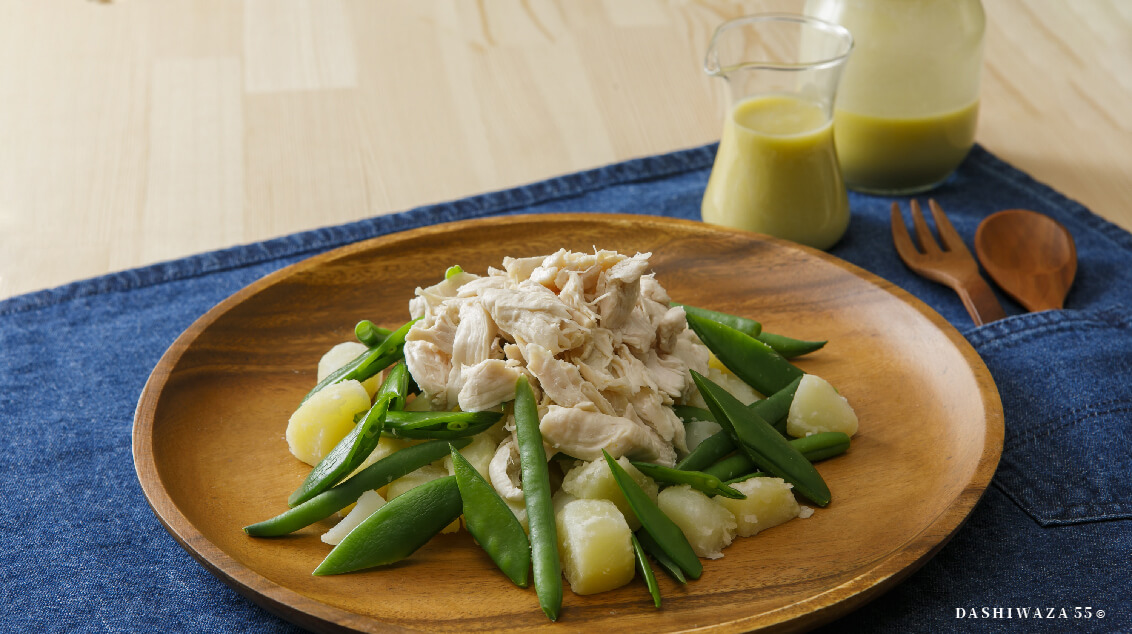 ささみとエンドウのだしシャカ豆乳ドレッシングかけ